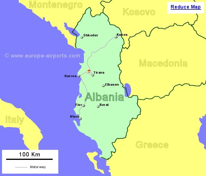 Large Map of Albania showing all airports with scheduled flights from the UK or Ireland