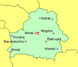 Map of Belarus showing location of airports