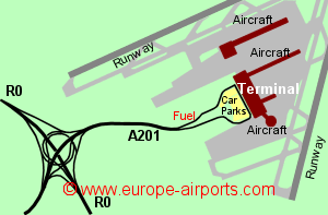 Map of Brussels airport showing access roads and location of car parks