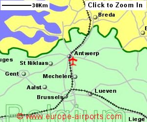 Map showing location of Antwerp airport, Belgium