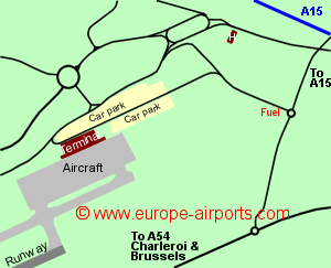 Map of Charleroi airport showing access roads and location of car parks