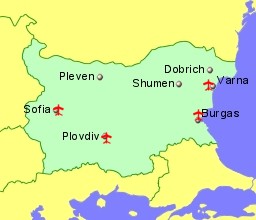 Map of Bulgaria showing location of airports