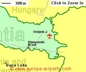 Map showing location of Osijek airport, Croatia