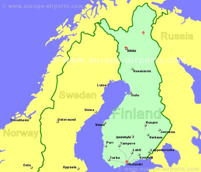 Large Map of Finland showing all airports with scheduled flights from the UK or Ireland