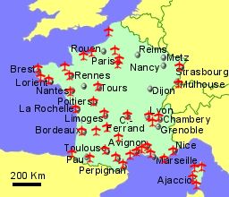 Map of France showing location of airports