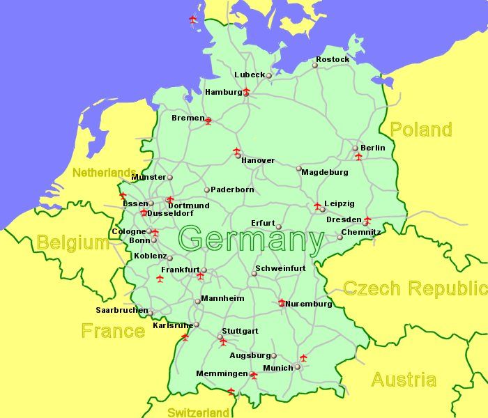 Large Map of Germany showing all airports with scheduled flights from the UK or Ireland