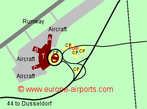 Map of Dusseldorf airport showing access roads and location of car parks