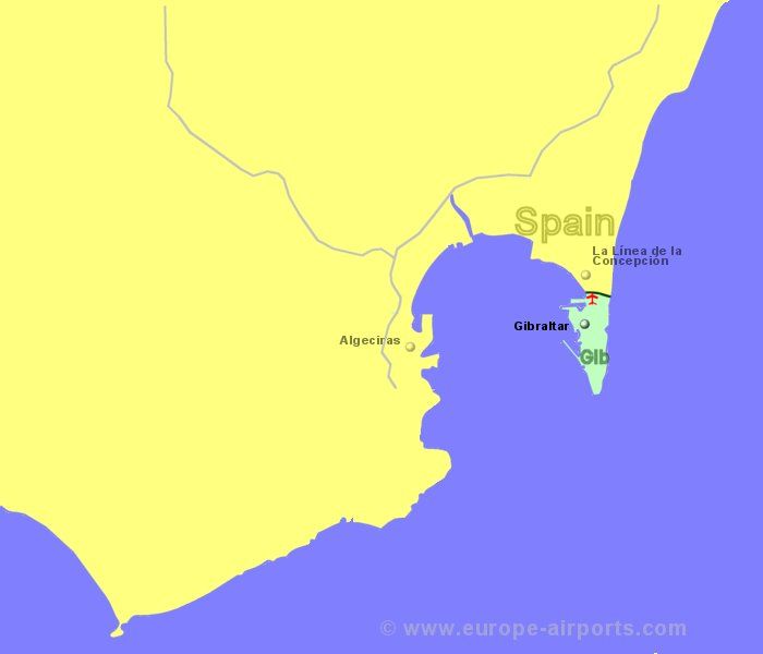 Large Map of Gibraltar showing all airports with scheduled flights from the UK or Ireland