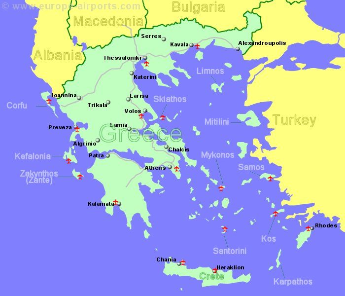 Large Map of Greece showing all airports with scheduled flights from the UK or Ireland