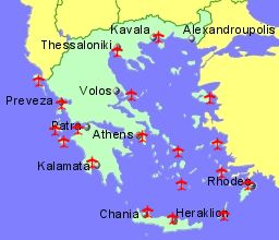 Map of Greece showing location of airports