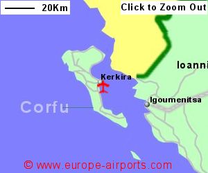 Detailed map showing location of Corfu International airport, Greece