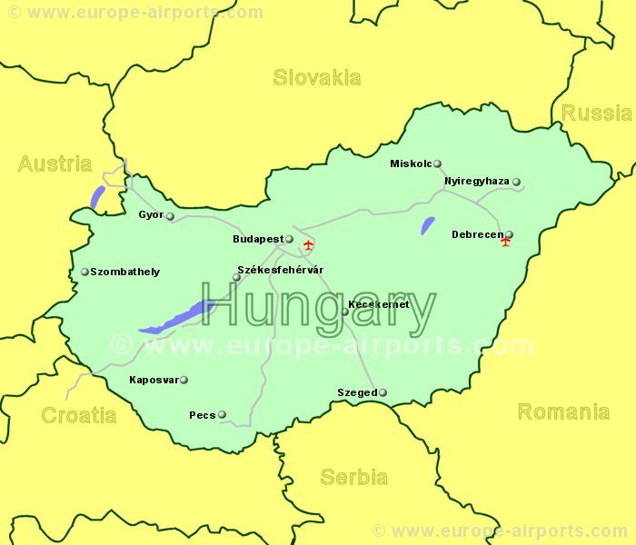 Large Map of Hungary showing all airports with scheduled flights from the UK or Ireland