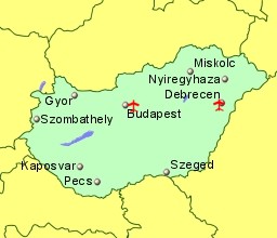 Map of Hungary showing location of airports