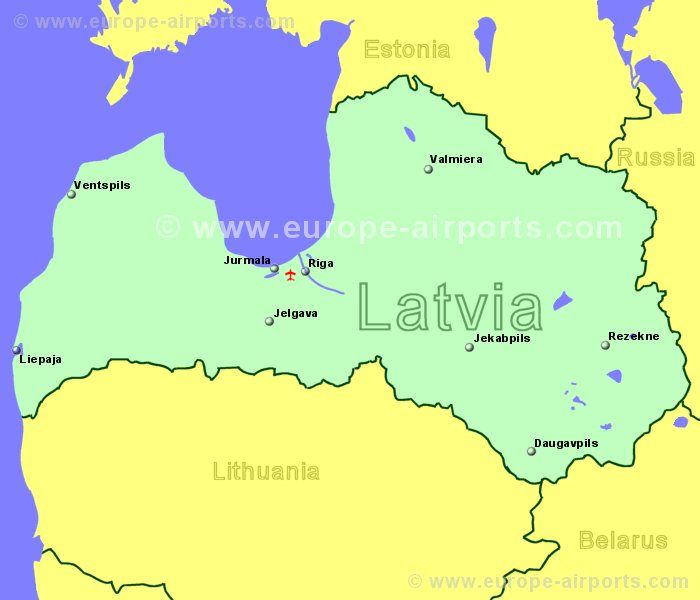 Large Map of Latvia showing all airports with scheduled flights from the UK or Ireland