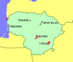 Map of Lithuania showing location of airports