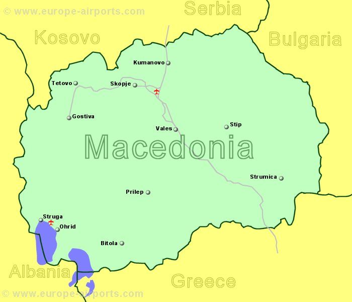 Large Map of Macedonia showing all airports with scheduled flights from the UK or Ireland