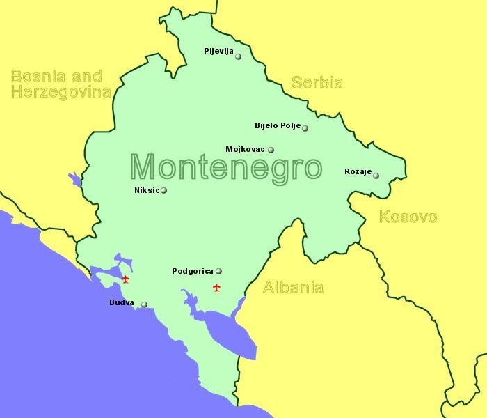 Large Map of Montenegro showing all airports with scheduled flights from the UK or Ireland