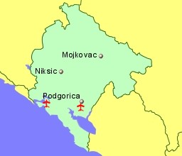 Map of Montenegro showing location of airports