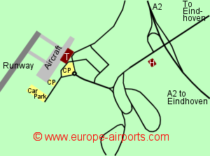 Map of Eindhoven airport showing access roads and location of car parks