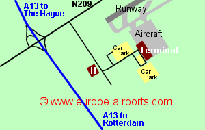 Map of Rotterdam The Hague airport showing access roads and location of car parks