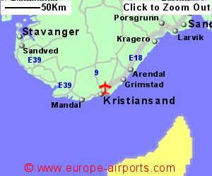 Detailed map showing location of Kristiansand airport, Norway