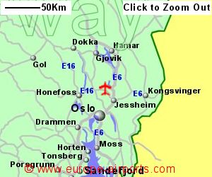 Detailed map showing location of Oslo airport, Norway