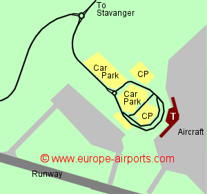 Map of Stavanger airport showing access roads and location of car parks