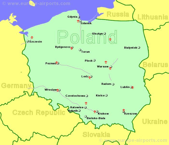 Large Map of Poland showing all airports with scheduled flights from the UK or Ireland