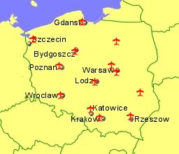 Map of Poland showing location of airports