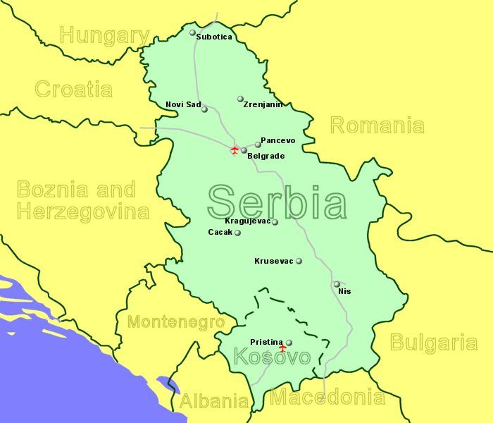 Large Map of Serbia showing all airports with scheduled flights from the UK or Ireland