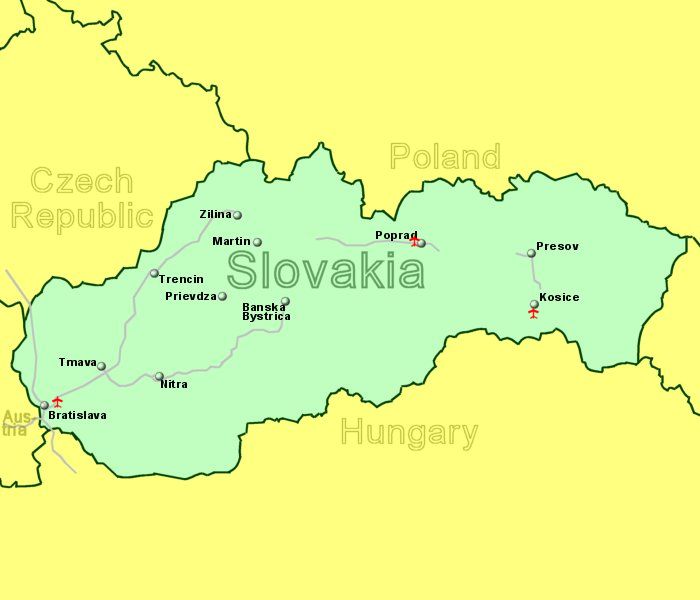 Large Map of Slovakia showing all airports with scheduled flights from the UK or Ireland