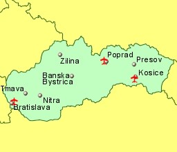 Map of Slovakia showing location of airports