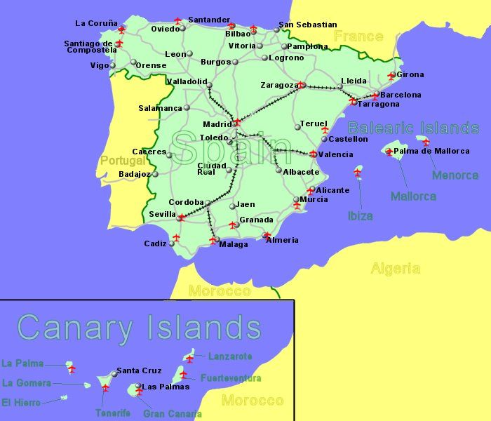 Large Map of Spain showing all airports with scheduled flights from the UK or Ireland