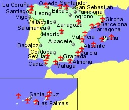 Map of Spain showing location of airports