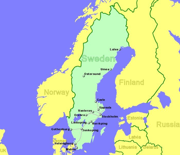 Large Map of Sweden showing all airports with scheduled flights from the UK or Ireland