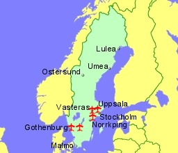 Map of Sweden showing location of airports