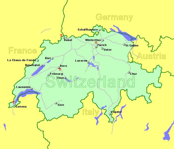 Large Map of Switzerland showing all airports with scheduled flights from the UK or Ireland