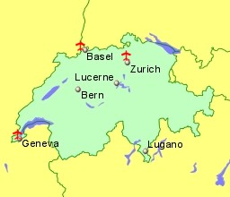 Map of Switzerland showing location of airports