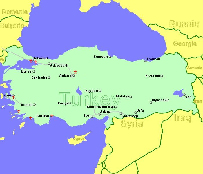 Large Map of Turkey showing all airports with scheduled flights from the UK or Ireland