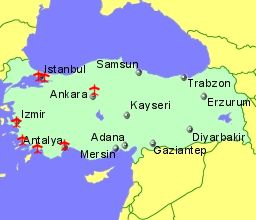 Map of Turkey showing location of airports