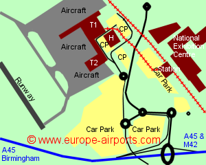 Map of Birmingham airport showing access roads and location of car parks