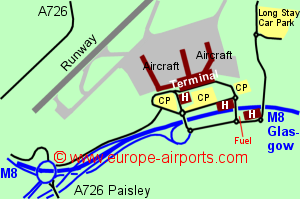 Map of Glasgow airport showing access roads and location of car parks