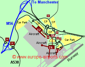 Map of Manchester airport showing access roads and location of car parks