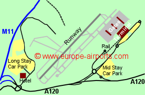 Map of London Stansted airport showing access roads and location of car parks