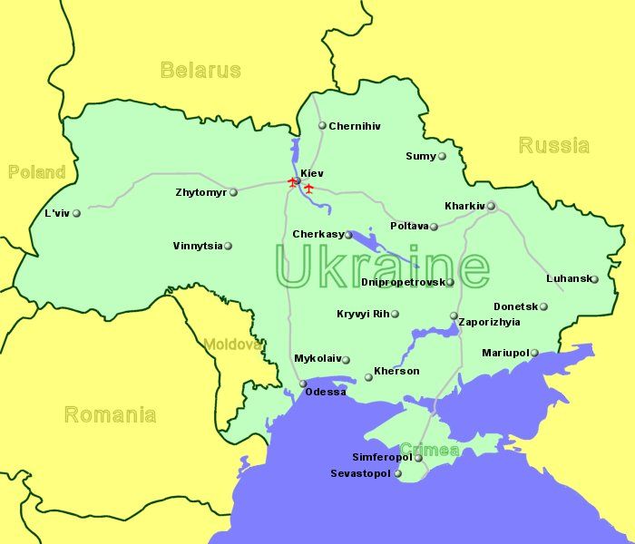 Large Map of Ukraine showing all airports with scheduled flights from the UK or Ireland