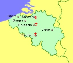 Map of Belgium showing location of airports