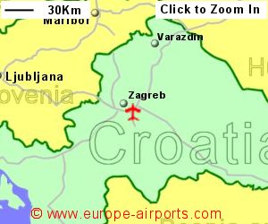 Map showing location of Zagreb airport, Croatia