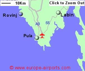 Detailed map showing location of Pula airport, Croatia