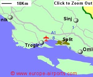 Detailed map showing location of Split airport, Croatia