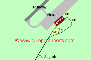 Map of Zagreb airport showing access roads and location of car parks